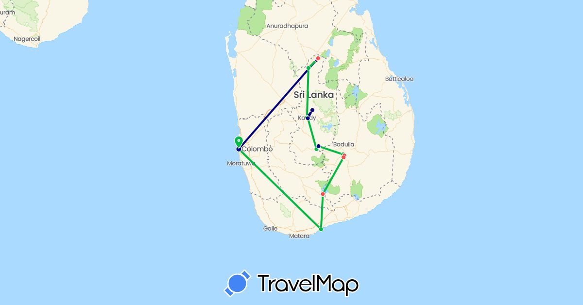TravelMap itinerary: driving, bus, hiking in Sri Lanka (Asia)